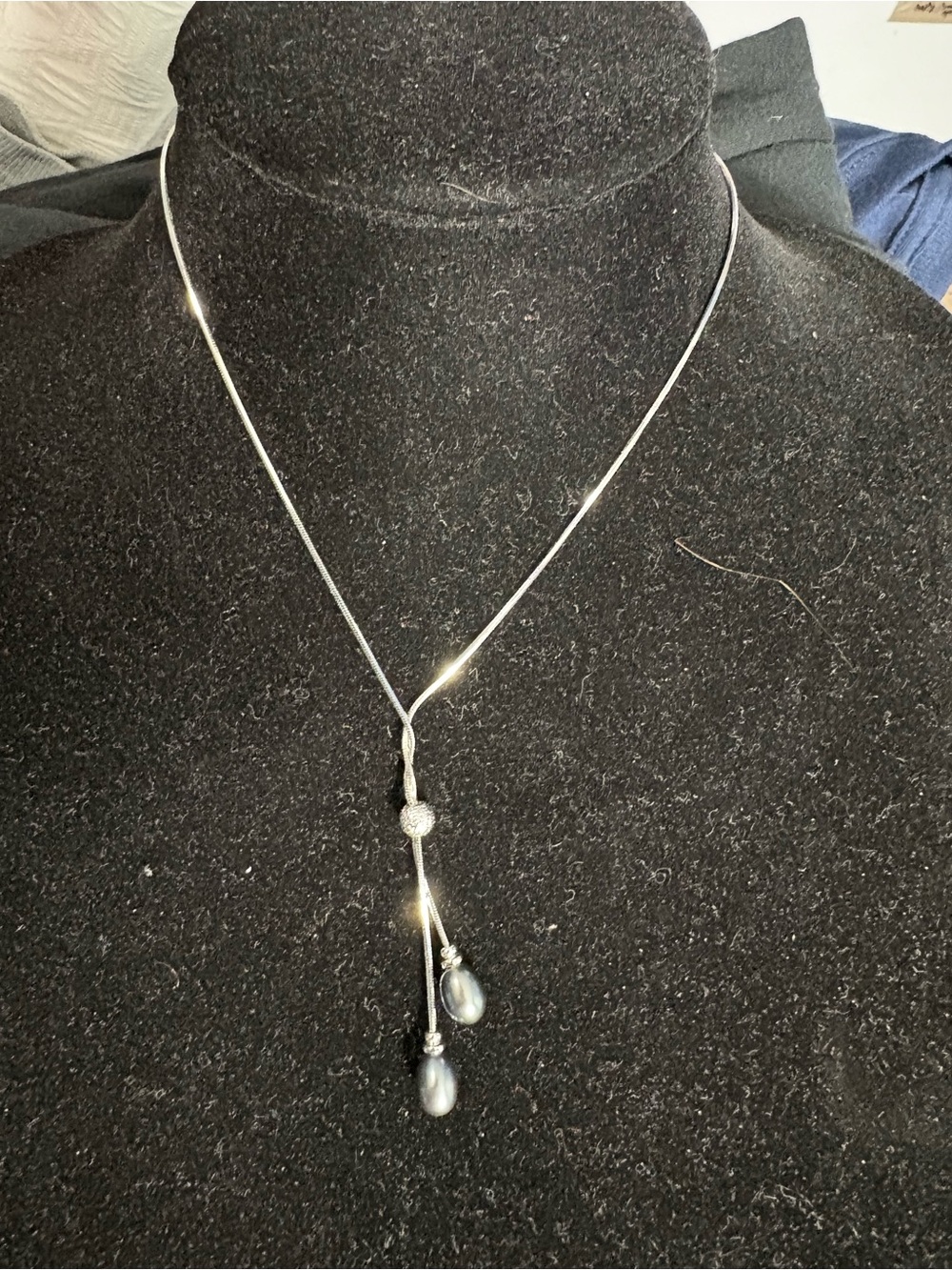 Sterling Silver Lariat Necklace with  Pearl Drops